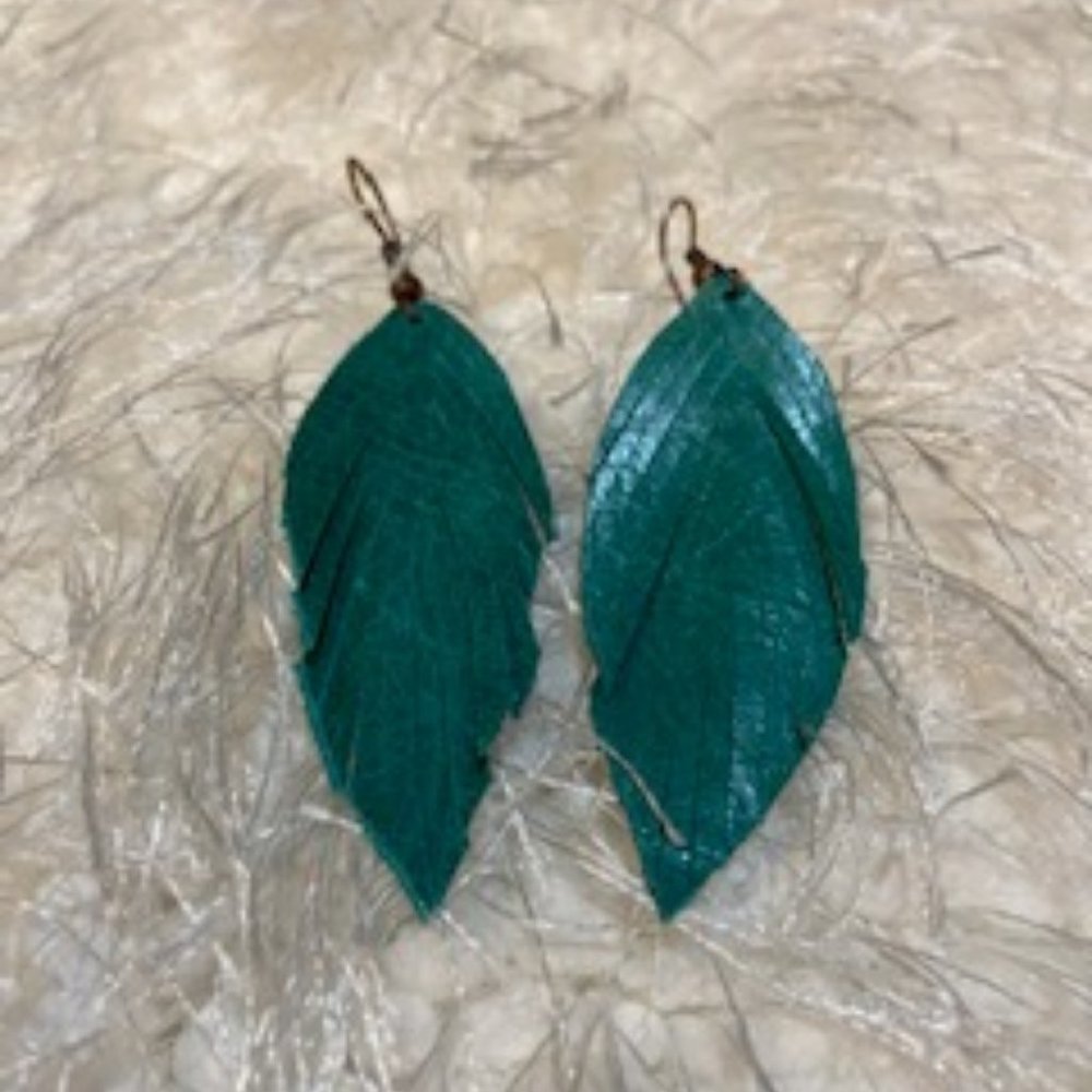 Turquoise Leather Feather Earrings